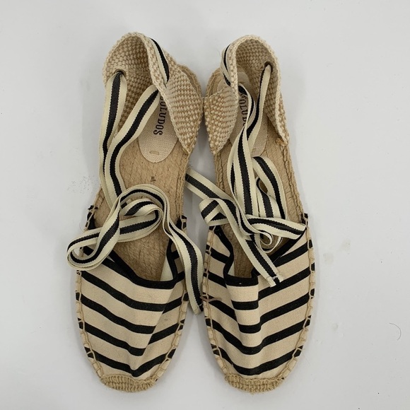 Soludos espadrille flat shoes canvas leg ankle tie cream black stripe 9.5 - Picture 2 of 7